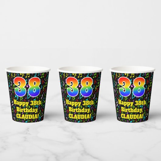 Gobelets En Papier 38e anniversaire : Fun Music Notes Motif, Rainbow  (Multi)