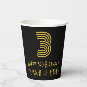 Gobelets En Papier 3e anniversaire : Art Déco Inspiré Look "3" & Nom