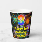 Gobelets En Papier 3ème anniversaire : Fun Motif Fireworks + Rainbow (Verso)