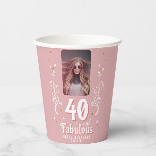 Gobelets En Papier 40 et Fabulous Foliage rose photo 40e anniversaire (Recto)