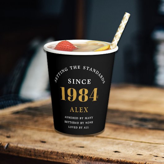 Gobelets En Papier 40e anniversaire Nom 1984 Black Gold Elegant Chic