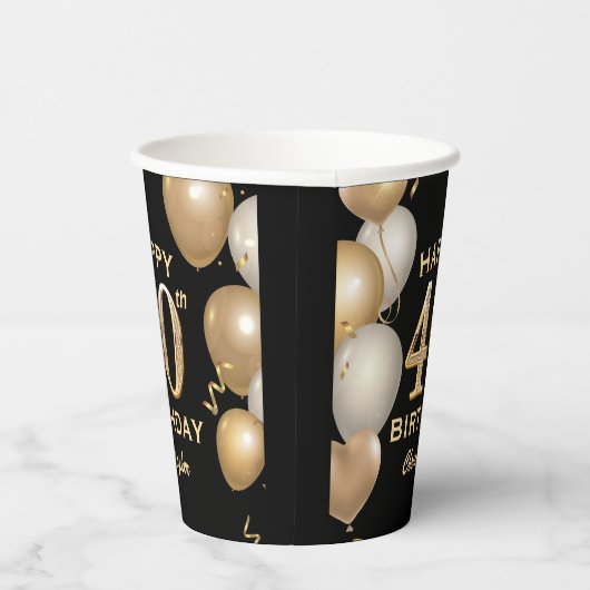 Gobelets En Papier 40e fête d'anniversaire Ballons noirs et or (Droite)