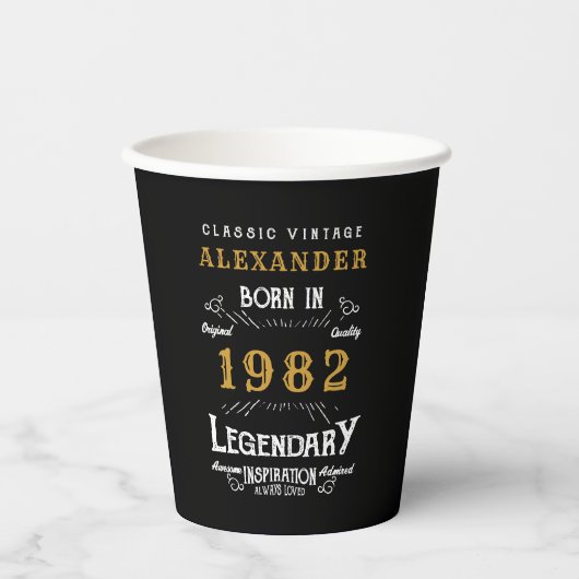 Gobelets En Papier 40th Birthday 1982 Black Gold Ajouter Nom Retro (Recto)