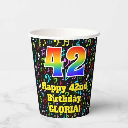Gobelets En Papier 42e anniversaire : Fun Music Notes Motif, Rainbow  (Verso)