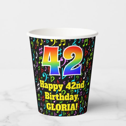 Gobelets En Papier 42e anniversaire : Fun Music Notes Motif, Rainbow (Recto)
