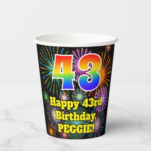 Gobelets En Papier 43ème anniversaire : Fun Fireworks Motif + Rainbow (Verso)