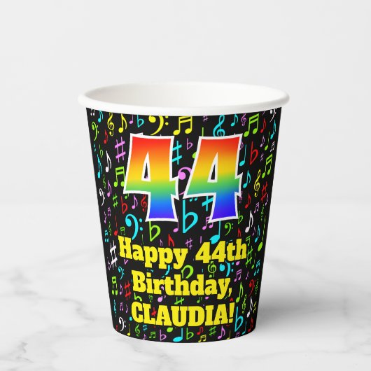Gobelets En Papier 44e anniversaire : Fun Music Notes Motif, Rainbow (Recto)