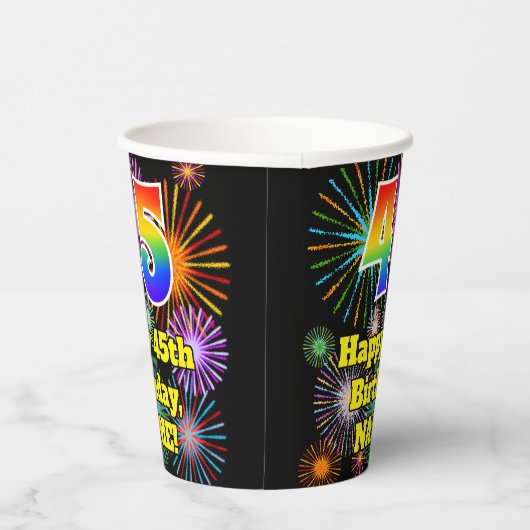 Gobelets En Papier 45ème anniversaire : Fun Fireworks Motif + Rainbow (Droite)