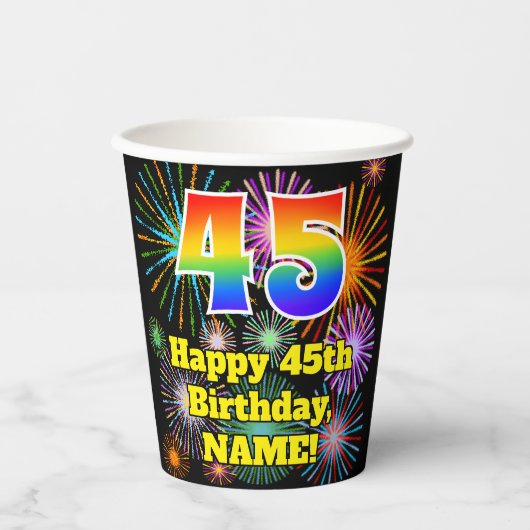 Gobelets En Papier 45ème anniversaire : Fun Fireworks Motif + Rainbow (Recto)
