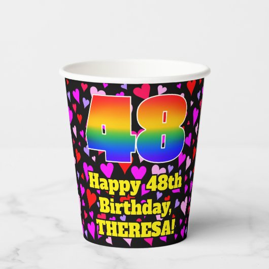 Gobelets En Papier 48e anniversaire : Amour Hearts Motif, Arc-en-ciel (Verso)
