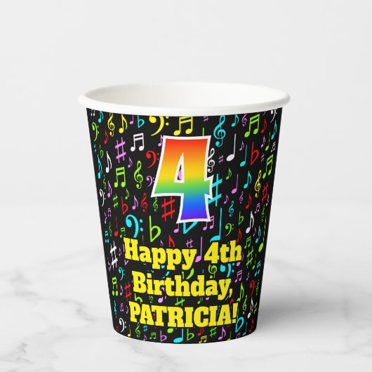 Gobelets En Papier 4e anniversaire : Fun Music Notes Motif, Rainbow 4 (Recto)