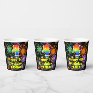 Gobelets En Papier 4ème anniversaire : Fun Motif Fireworks + Rainbow 