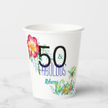 Gobelets En Papier 50 et Fabulous Tropical 50th Birthday Ajouter le n<br><div class="desc">Célébrez son 50e anniversaire avec cette coupe unique de fête avec un design tropical floral de verts,  rouges,  bleus et jaunes vibrants qui est personnalisée avec son propre nom.</div>