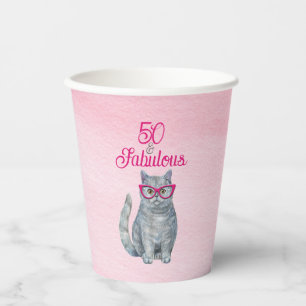 Gobelets En Papier 50 & Fabulous Chat, rose et gris, 50e anniversaire