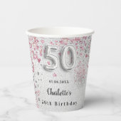 Gobelets En Papier 50e anniversaire argent rose nom de parties scinti (Recto)