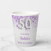 Gobelets En Papier 50e anniversaire argent violet parties scintillant (Recto)