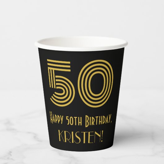 Gobelets En Papier 50e anniversaire : Art Déco Inspiré Look "50" & No (Recto)