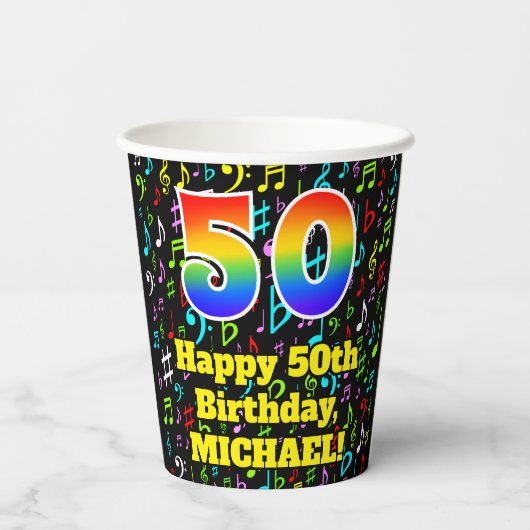 Gobelets En Papier 50e anniversaire : Fun Music Notes Motif, Rainbow (Verso)