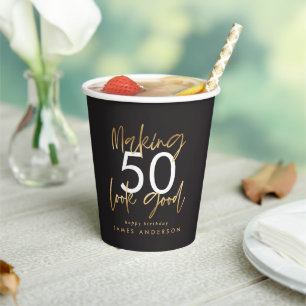Gobelets En Papier 50e anniversaire noir et or simple élégant moderne