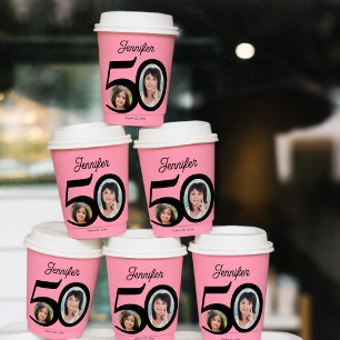 Gobelets En Papier 50e anniversaire nom photo personnalisée rose