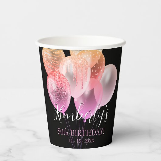 Gobelets En Papier 50e anniversaire, Parties scintillant rose Ballons (Verso)