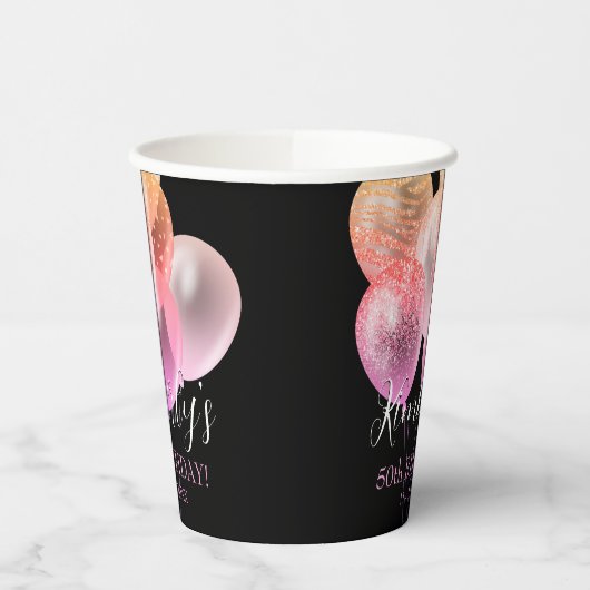 Gobelets En Papier 50e anniversaire, Parties scintillant rose Ballons (Gauche)