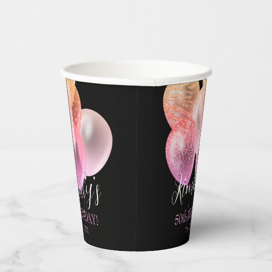 Gobelets En Papier 50e anniversaire, Parties scintillant rose Ballons (Droite)