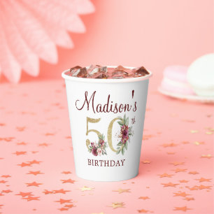 Gobelets En Papier 50e anniversaire Personnalisé Bourgogne Gold Flora