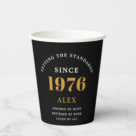 Gobelets En Papier 50th Birthday Name 1976 Black Gold Elegant Chic (Recto)