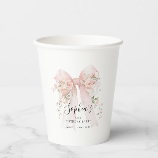 Gobelets En Papier 50th Birthday Party Pink Bow with Roses Custom (Recto)