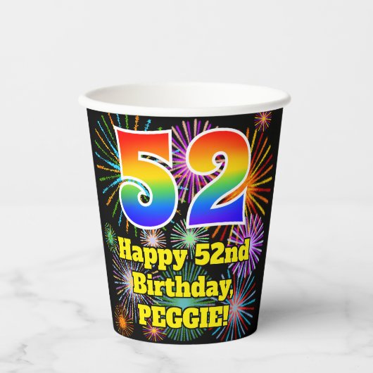 Gobelets En Papier 52e anniversaire : Fun Fireworks Motif + Rainbow 5 (Recto)