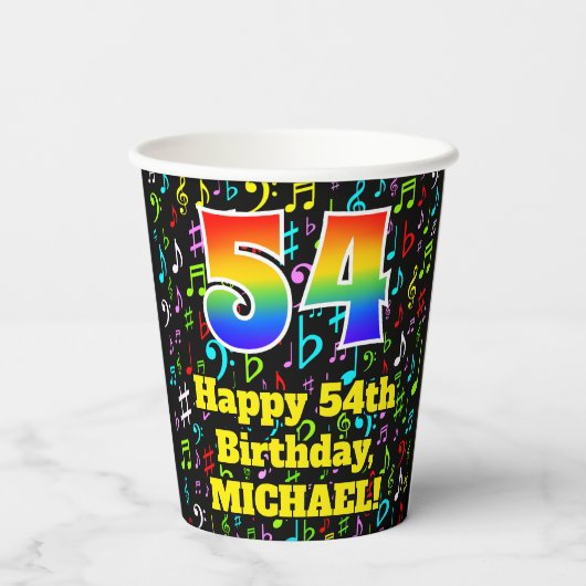 Gobelets En Papier 54e anniversaire : Fun Music Notes Motif, Rainbow  (Verso)