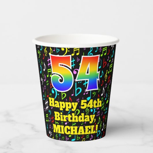 Gobelets En Papier 54e anniversaire : Fun Music Notes Motif, Rainbow  (Recto)