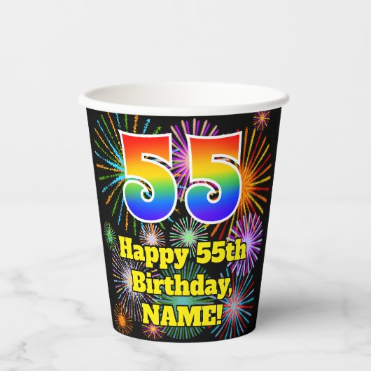 Gobelets En Papier 55ème anniversaire : Fun Fireworks Motif + Rainbow (Recto)