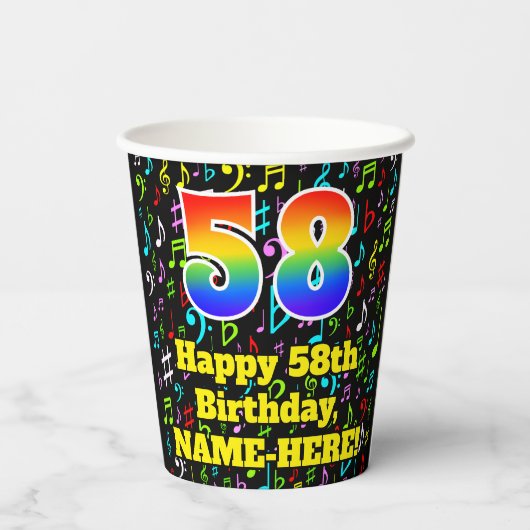 Gobelets En Papier 58e anniversaire : Fun Music Notes Motif, Rainbow (Verso)