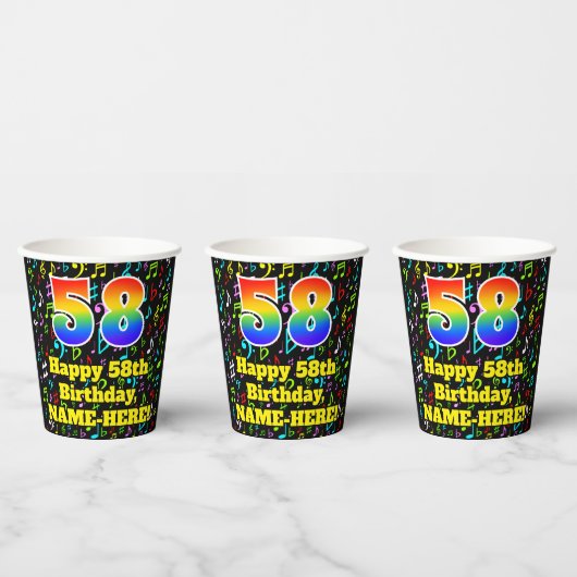 Gobelets En Papier 58e anniversaire : Fun Music Notes Motif, Rainbow  (Multi)