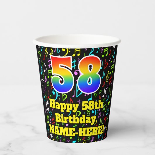 Gobelets En Papier 58e anniversaire : Fun Music Notes Motif, Rainbow  (Recto)