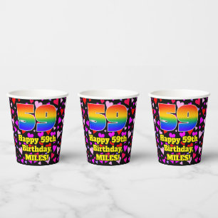 Gobelets En Papier 59e anniversaire : Amour Hearts Motif, Arc-en-ciel