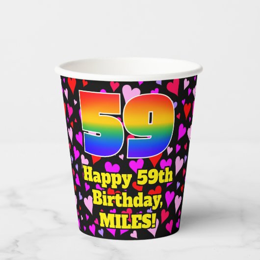 Gobelets En Papier 59e anniversaire : Amour Hearts Motif, Arc-en-ciel (Recto)