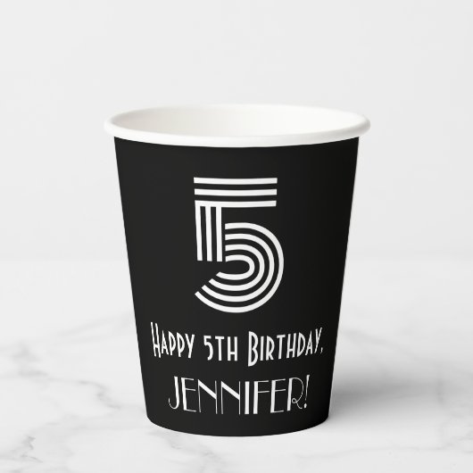 Gobelets En Papier 5e anniversaire — Art Déco Inspiré Look "5" + Nom (Verso)