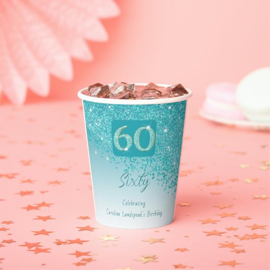 Gobelets En Papier 60e Anniversaire Classy Falling Turquoise Blue Par (Insitu)