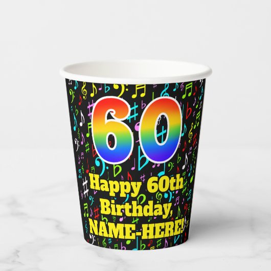 Gobelets En Papier 60e anniversaire : Fun Music Notes Motif, Rainbow (Verso)