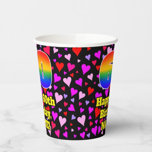 Gobelets En Papier 60e Birthday: Patters de Loving Hearts, Rainbow 60 (Gauche)