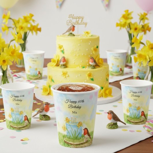 Gobelets En Papier 60th Birthday Robin with Daffodil Cake