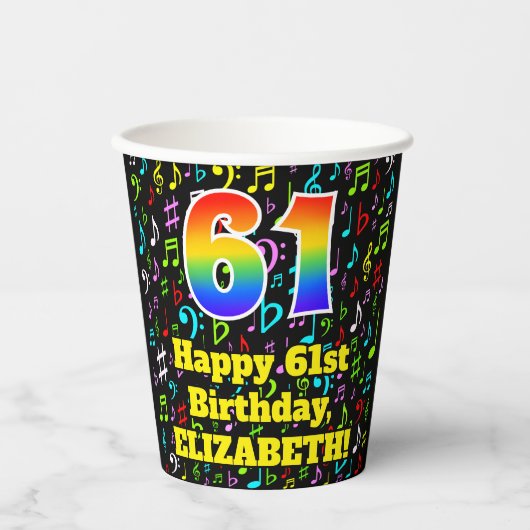 Gobelets En Papier 61e anniversaire : Fun Music Notes Motif, Arc-en-c (Recto)