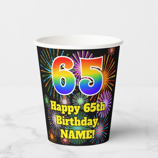 Gobelets En Papier 65e anniversaire : Motif Fun Fireworks + Arc-en-ci (Recto)