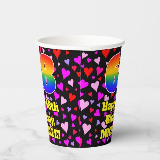 Gobelets En Papier 68e anniversaire : Amour Hearts Motif, Arc-en-ciel (Droite)