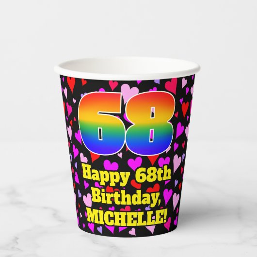 Gobelets En Papier 68e anniversaire : Amour Hearts Motif, Arc-en-ciel (Recto)