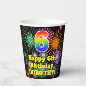 Gobelets En Papier 6ème anniversaire : Fun Motif Fireworks + Rainbow (Recto)