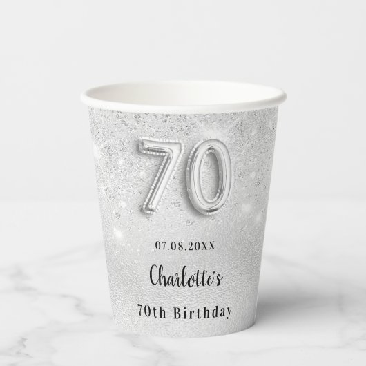 Gobelets En Papier 70e anniversaire argent nom de parties scintillant (Verso)